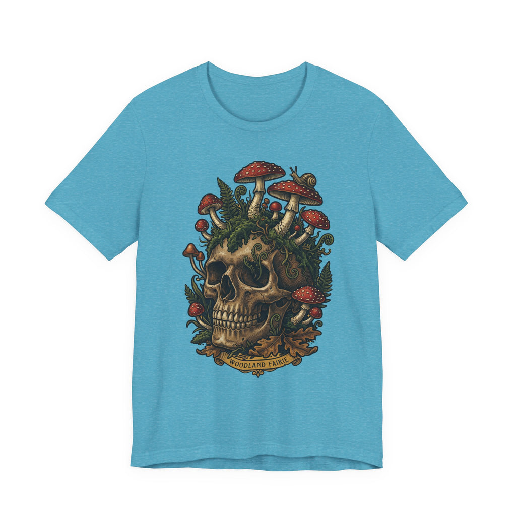 Mushroom skull T-shirt in Heather Aqua with dark botanical skull graphic on front