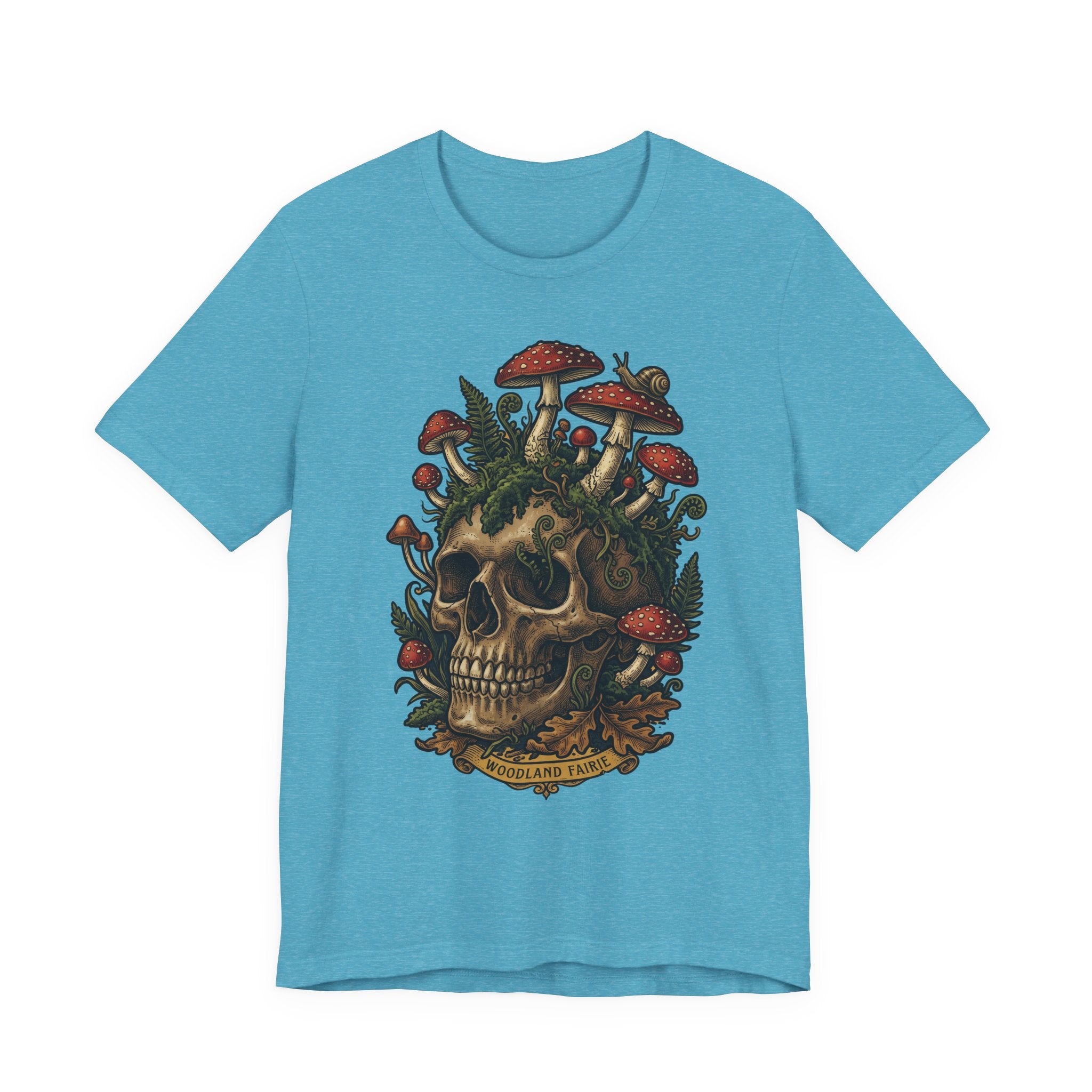 Mushroom skull T-shirt in Heather Aqua with dark botanical skull graphic on front