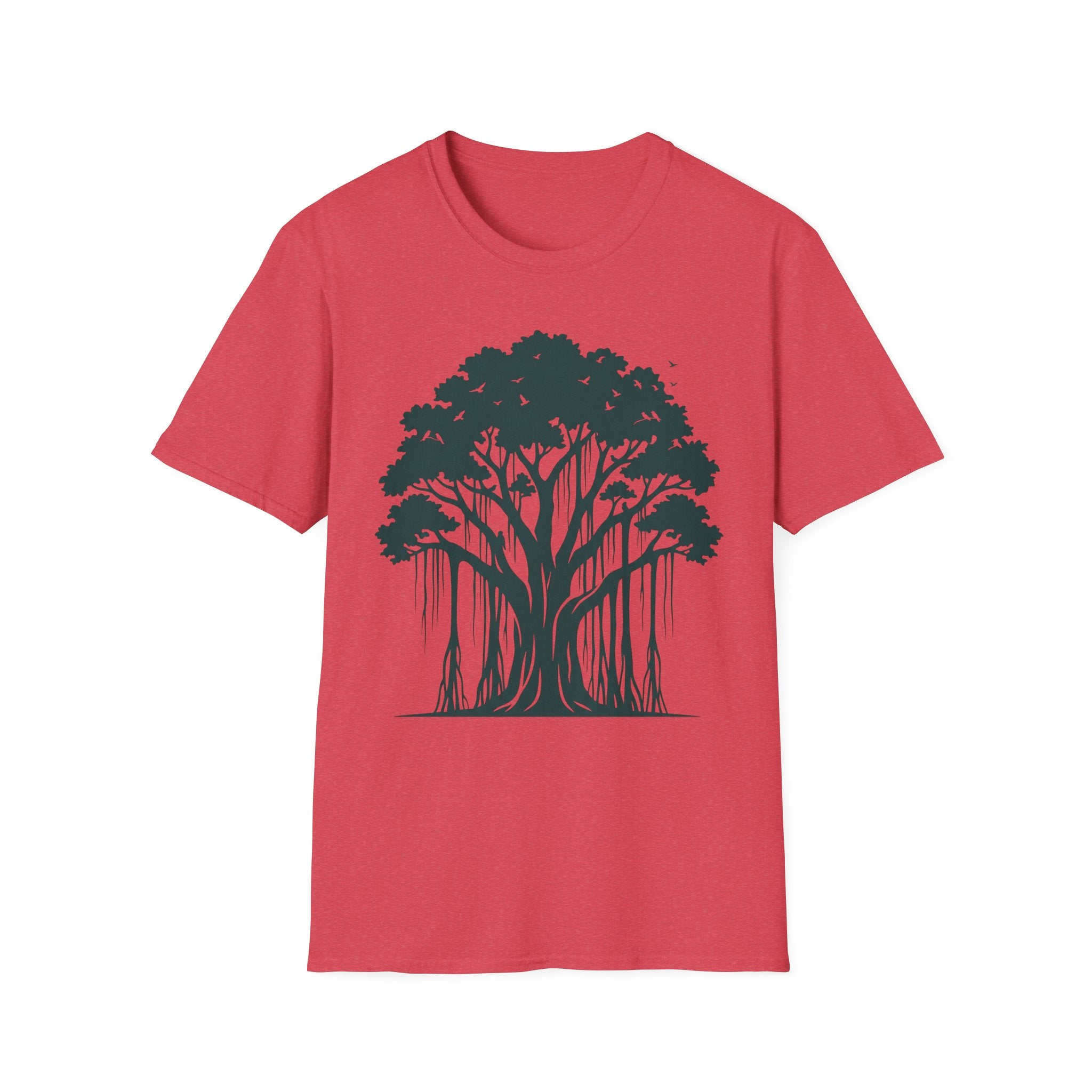 Red T-shirt with dark green tree roots graphic centered on the chest