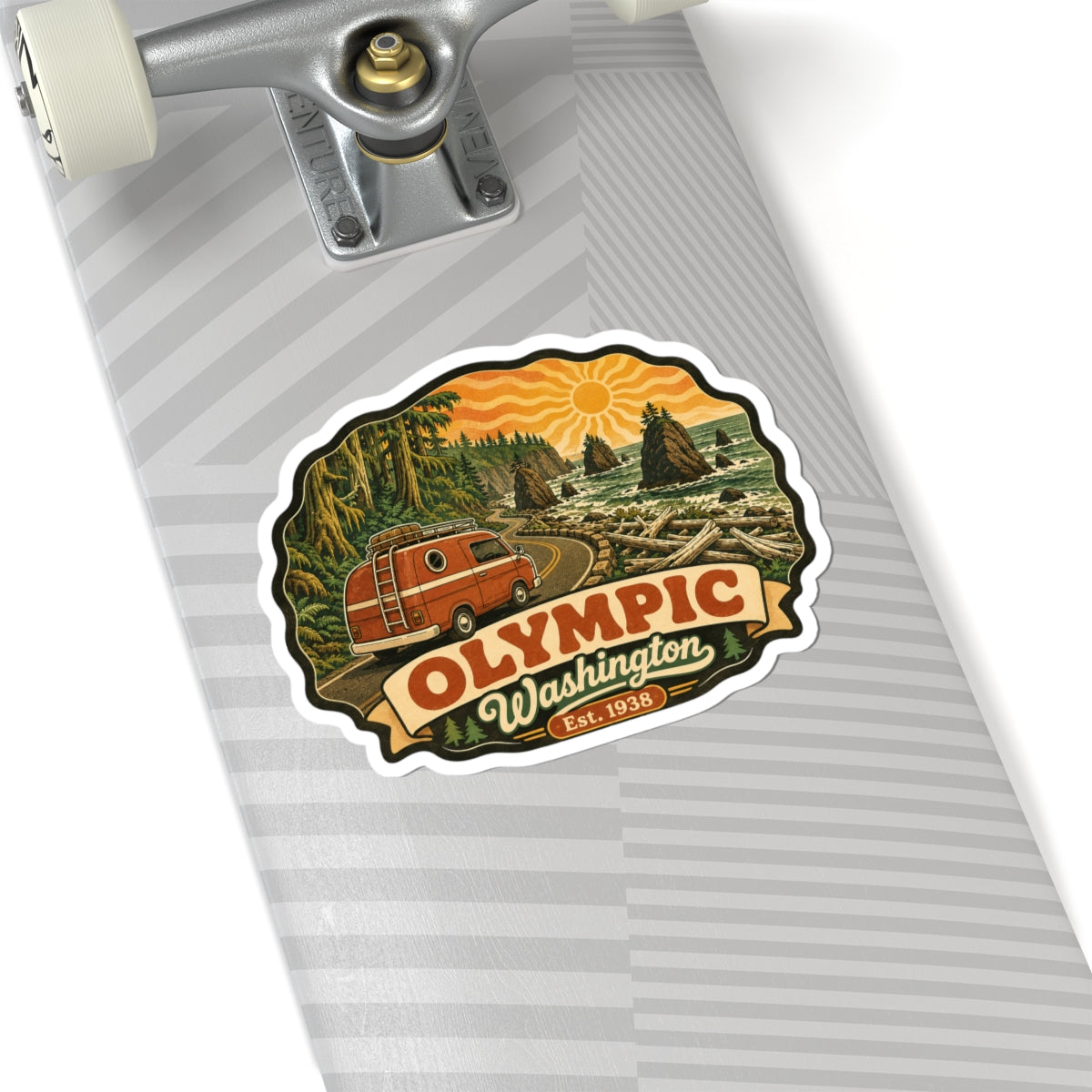 Vinyl sticker with orange vintage camper, forest landscape, sun, “OLYMPIC Washington Est. 1938”