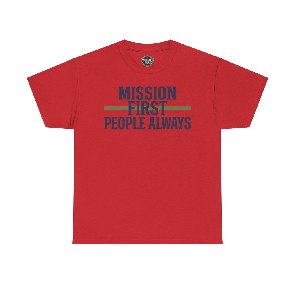 Red T-shirt with “Mission First People Always” slogan graphic at chest