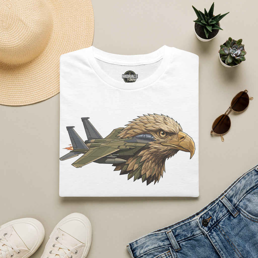 White T-shirt with eagle head and military jet graphic on the front