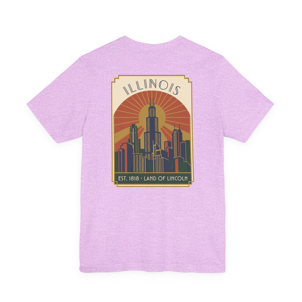 Lavender T-shirt with square Illinois skyline graphic print, Est. 1818 text