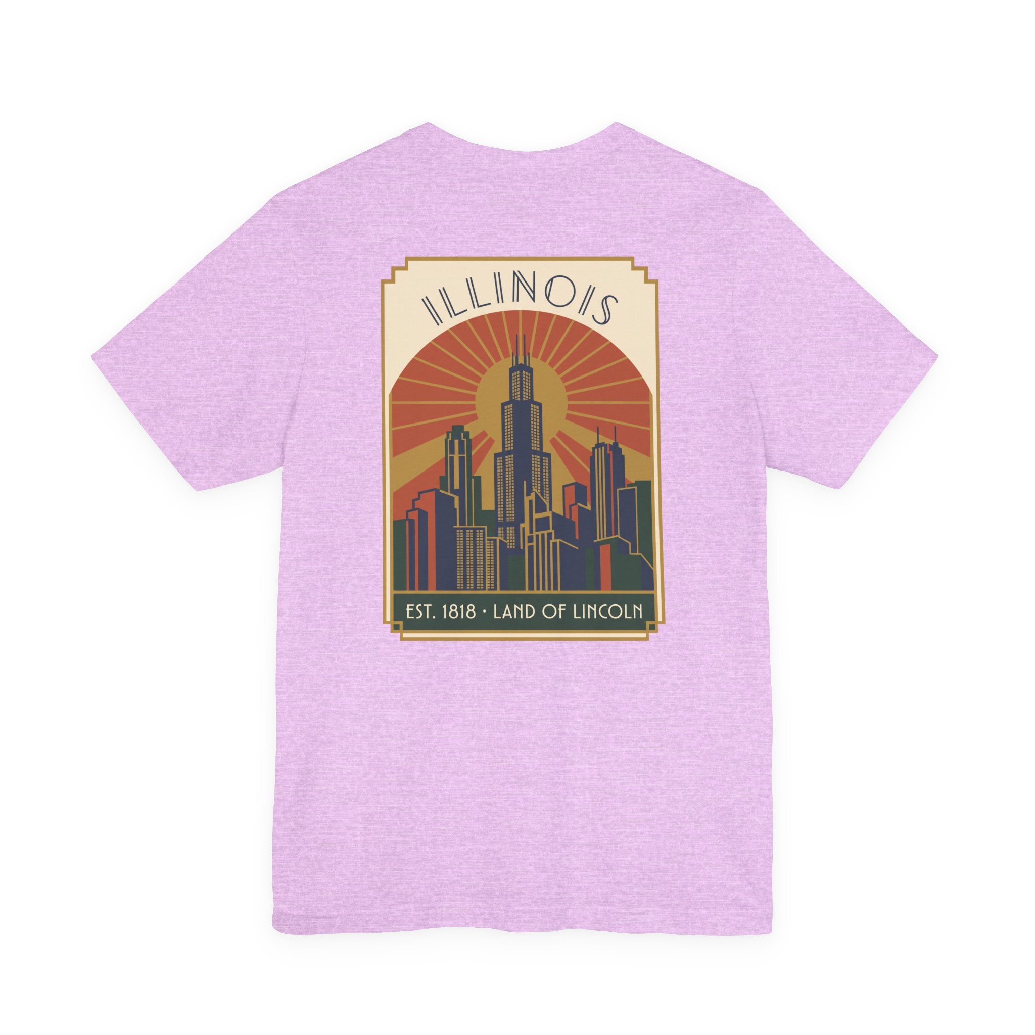 Lavender T-shirt with square Illinois skyline graphic print, Est. 1818 text