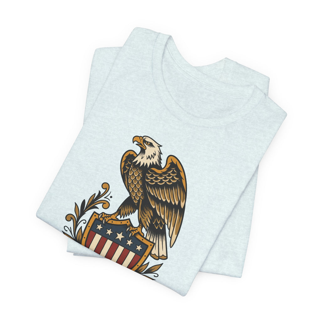 Light blue T-shirt with bald eagle shield graphic on the chest, folded layout