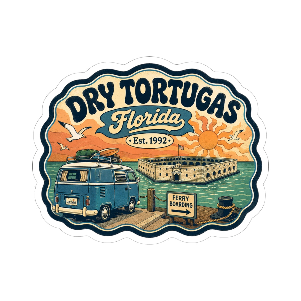 Dry Tortugas National Park sticker showing teal camper van beside fort and “Ferry Boarding” sign