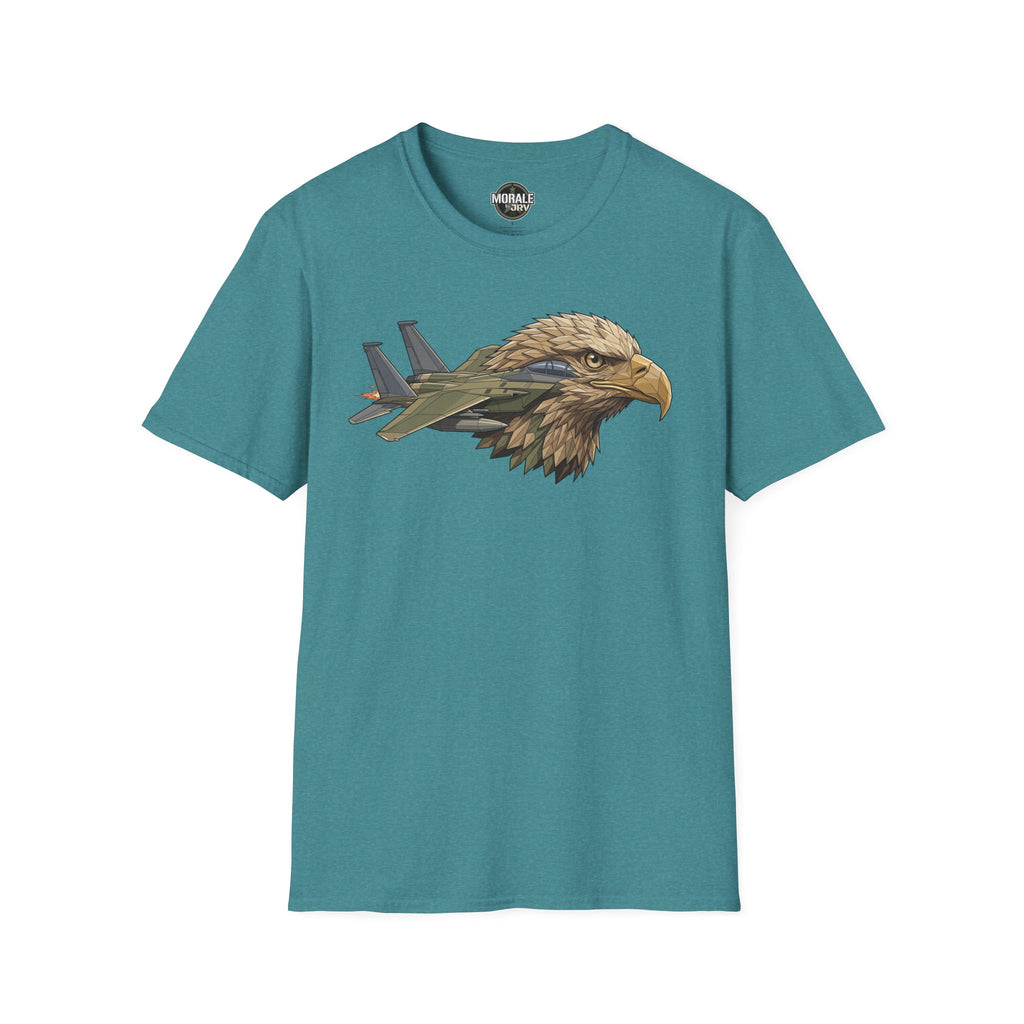 Teal t-shirt with eagle head and fighter jets graphic on the chest