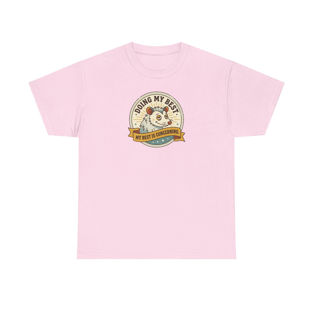 Light pink sloth graphic T-shirt with round badge-style front print