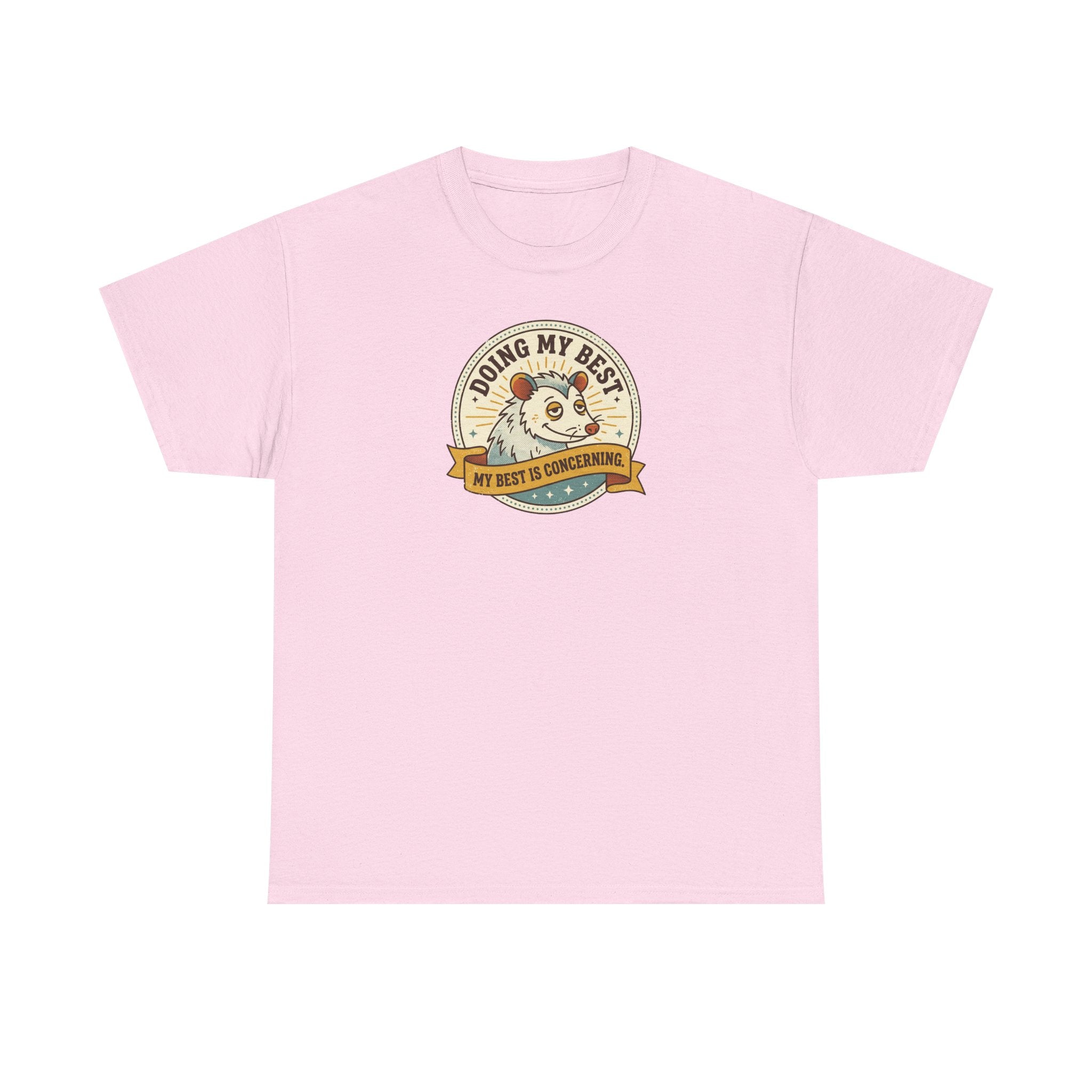 Light pink sloth graphic T-shirt with round badge-style front print