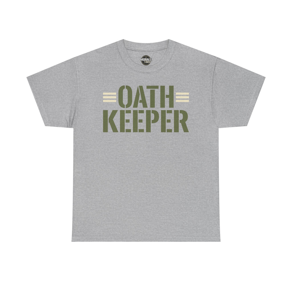 Light gray T-shirt with crew neck and large "OATH KEEPER" front graphic print