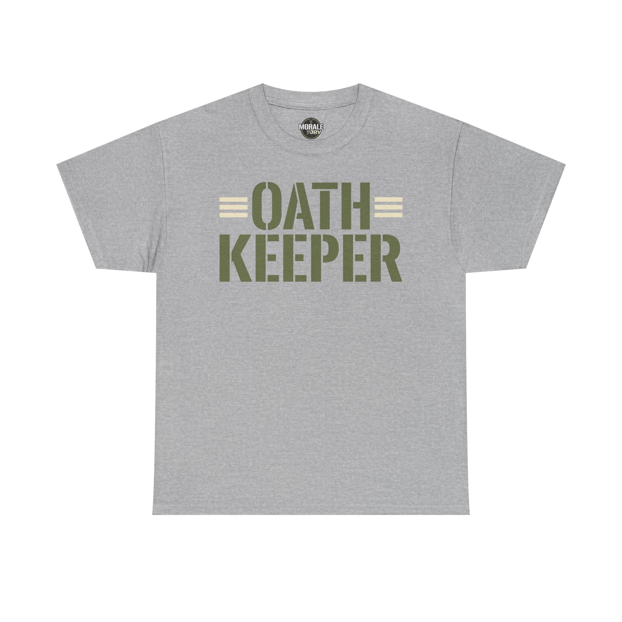 Light gray T-shirt with crew neck and large "OATH KEEPER" front graphic print