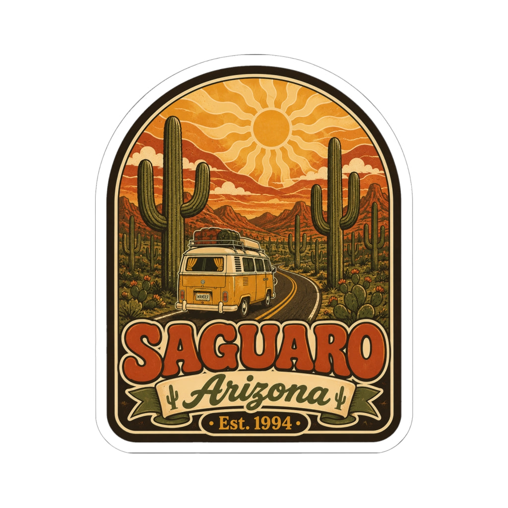 Saguaro Arizona kiss-cut sticker showing cactus silhouettes, camper van road, Est. 1994