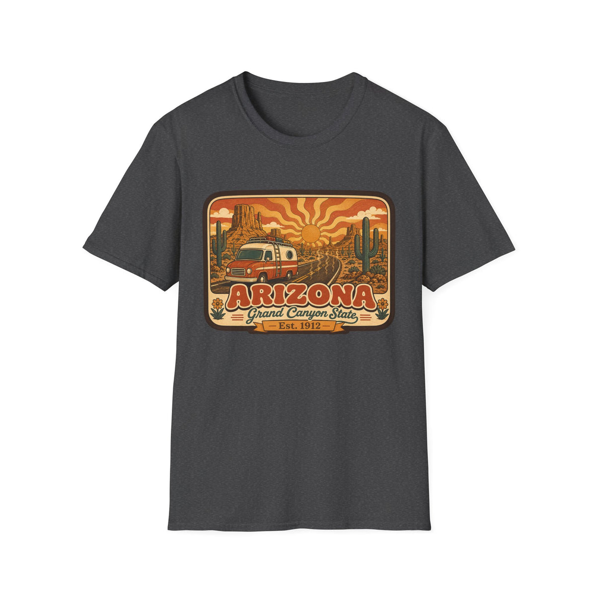 Men’s unisex dark gray T-shirt with Arizona graphic print featuring a camper and desert scene