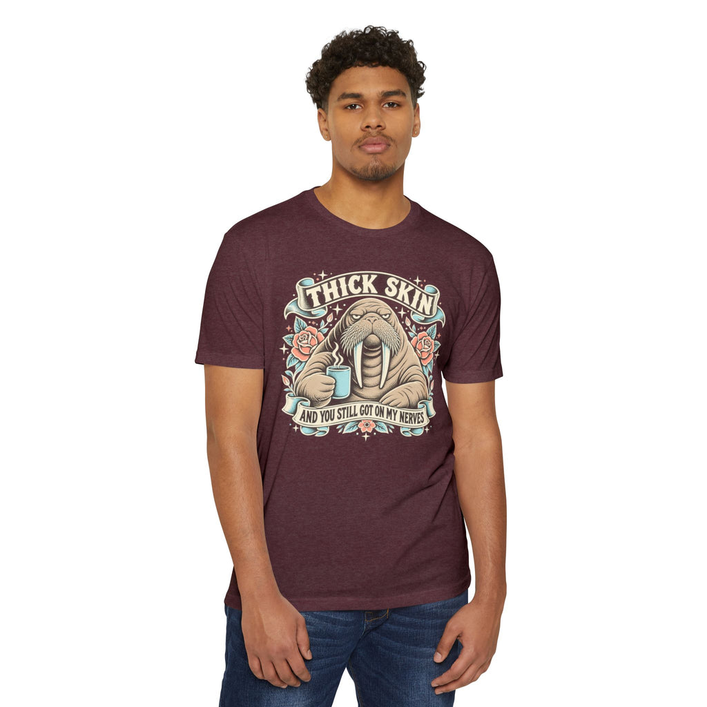 Dark maroon short-sleeve T-shirt with walrus coffee graphic and “THICK SKIN” text front