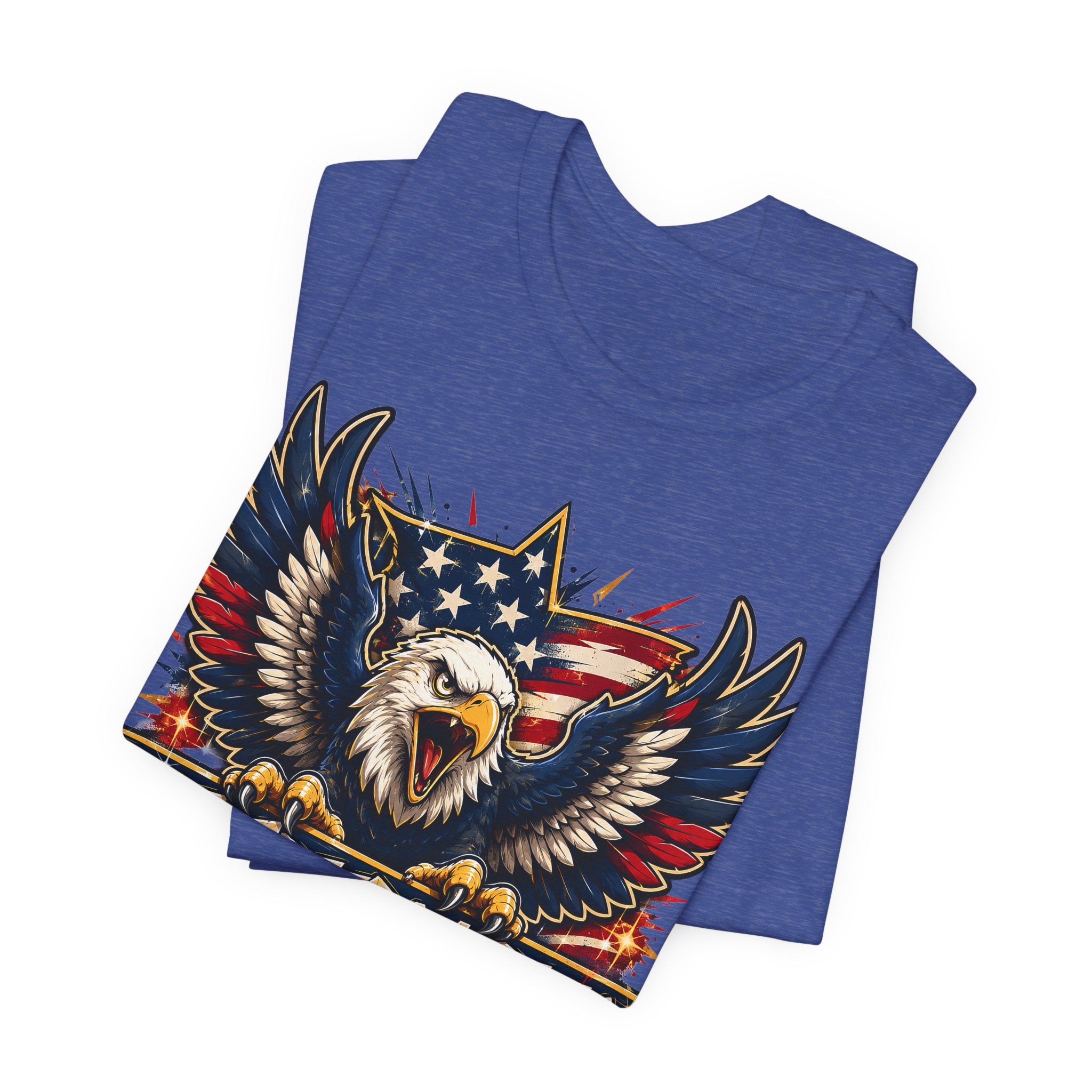 Blue t-shirt with bald eagle wings graphic, angled close-up of “Let Freedom Ring”