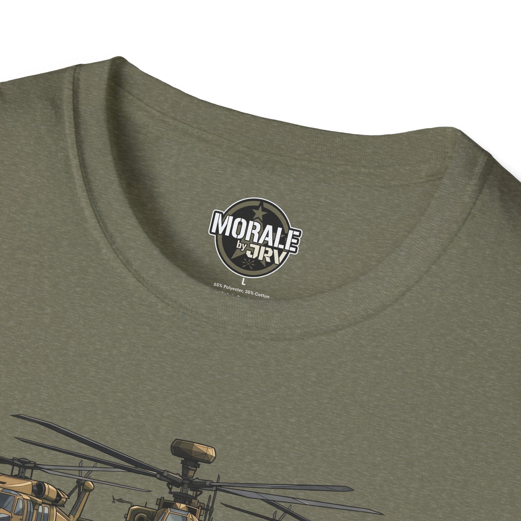 Olive T-shirt neckline logo with partial Apache helicopter graphic detail