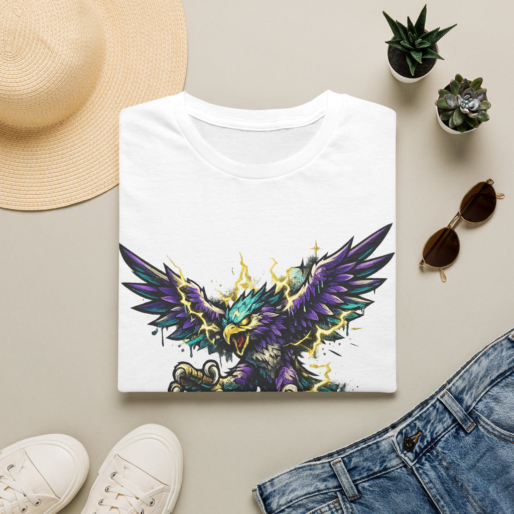 White crew-neck T-shirt with colorful mythical lightning bird graphic