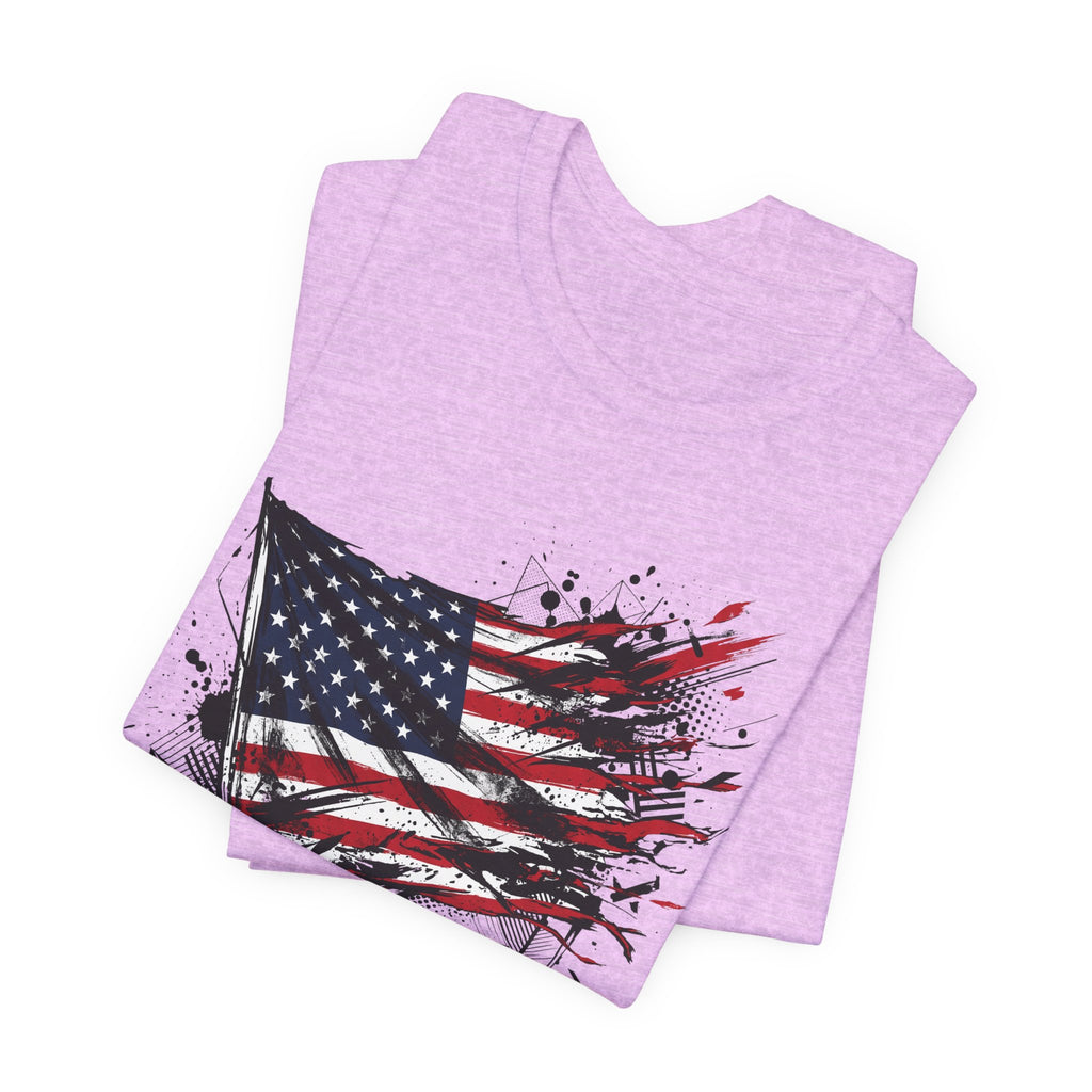 Lilac distressed American flag graphic t-shirt, short sleeves, crew neck