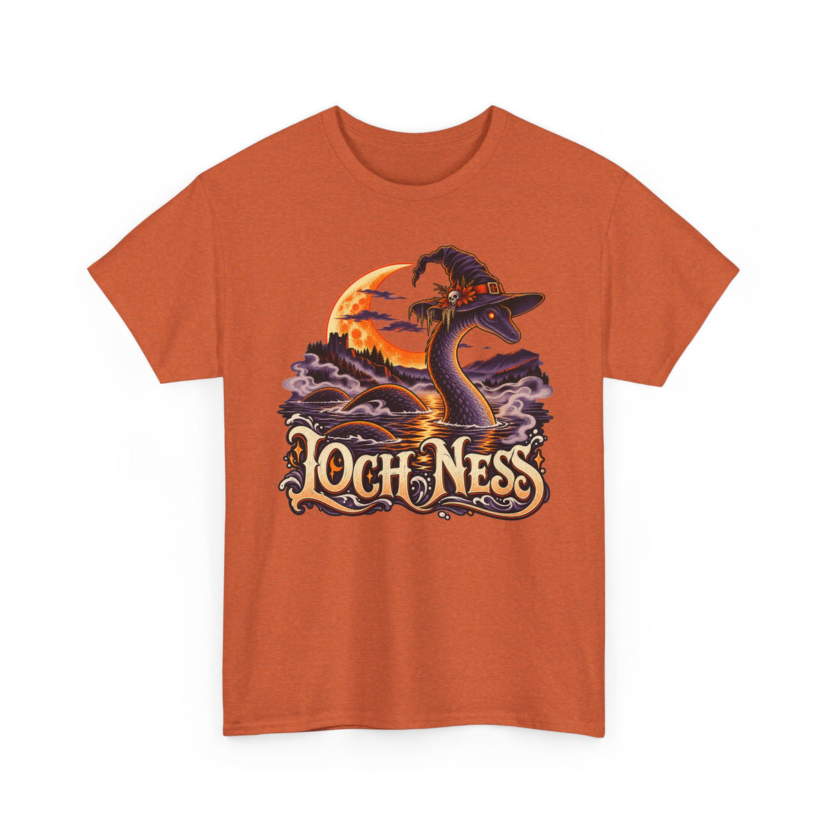 Orange crewneck T-shirt with Loch Ness monster wearing witch hat graphic