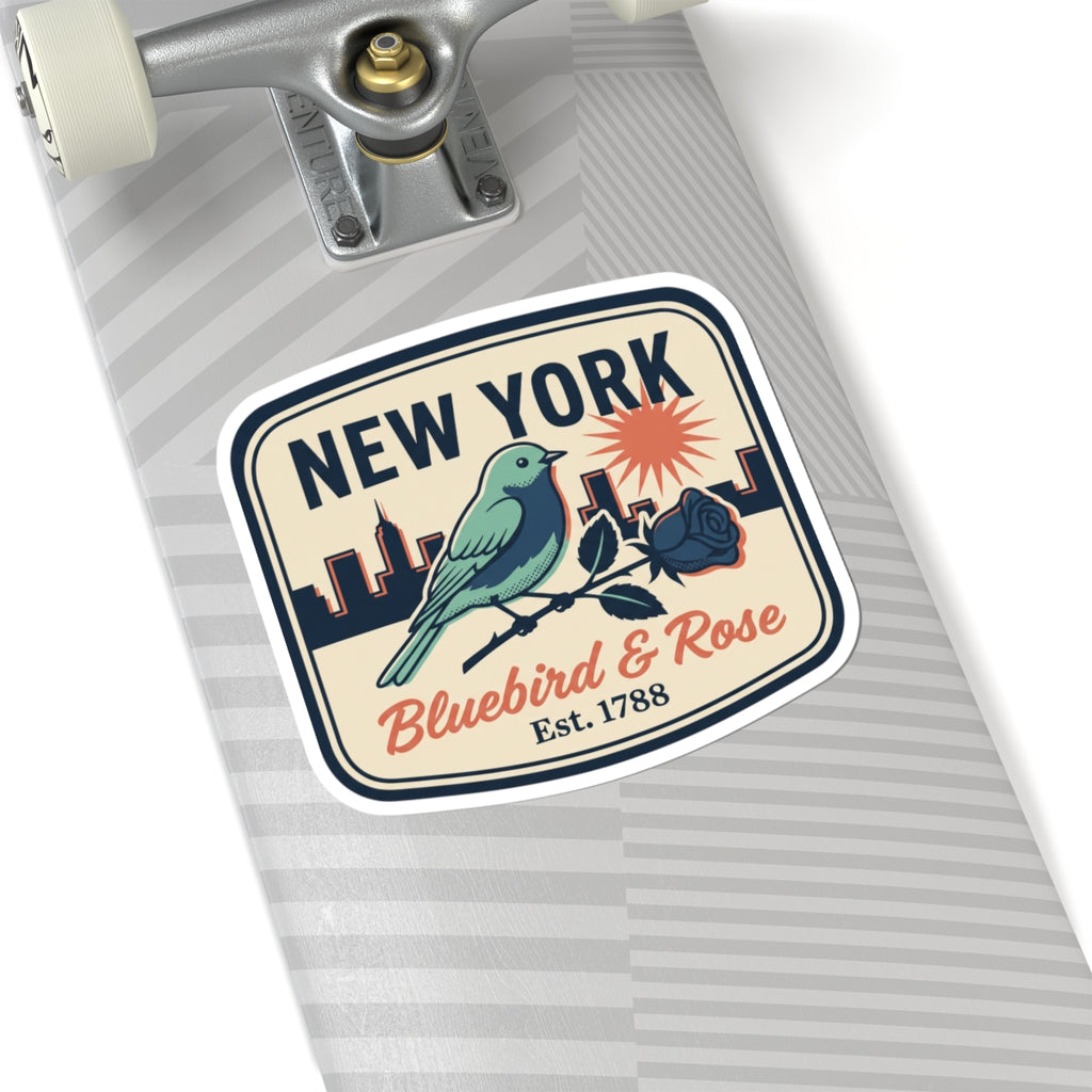VINYL sticker label on fabric surface: NEW YORK, bluebird & rose, Est. 1788