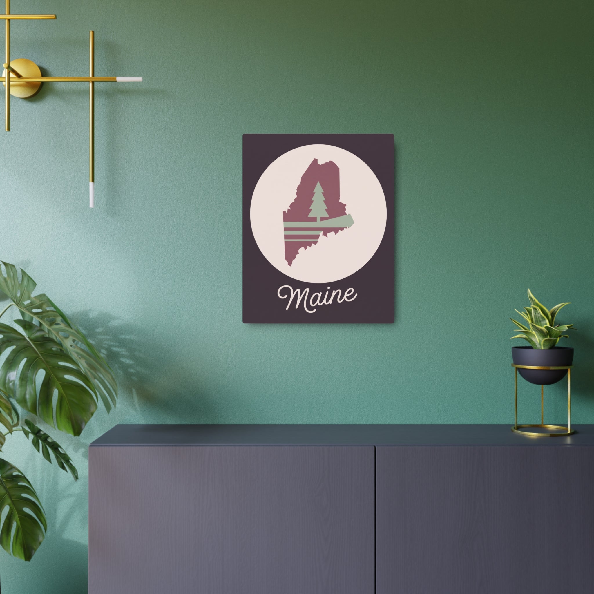 Square metal wall art with pine tree circle emblem and Maine script, rose & sage