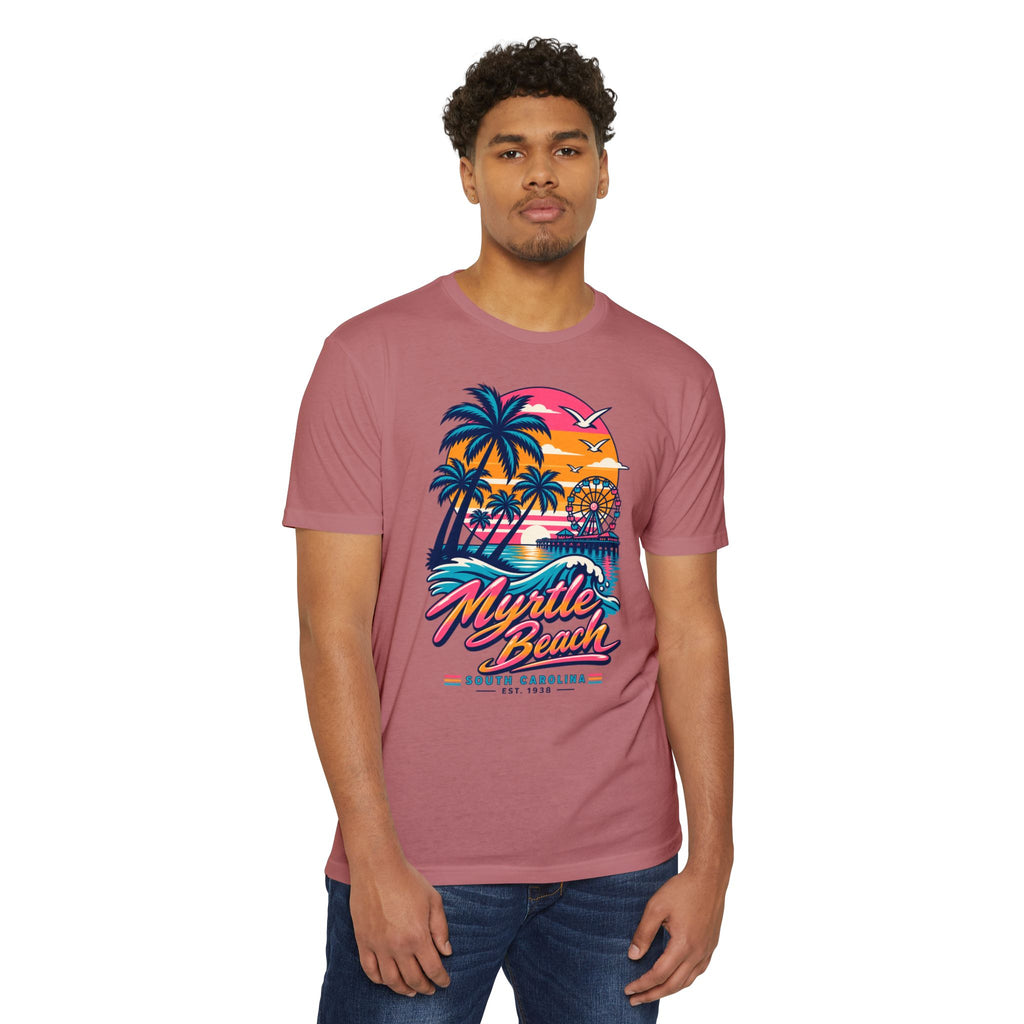 Rose maroon crew-neck T-shirt with colorful retro beach sunset and palm tree graphic