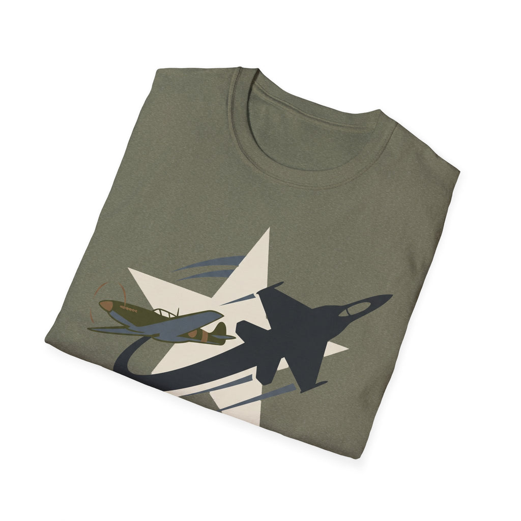 Military green crew-neck T-shirt with military airplane graphic on chest.