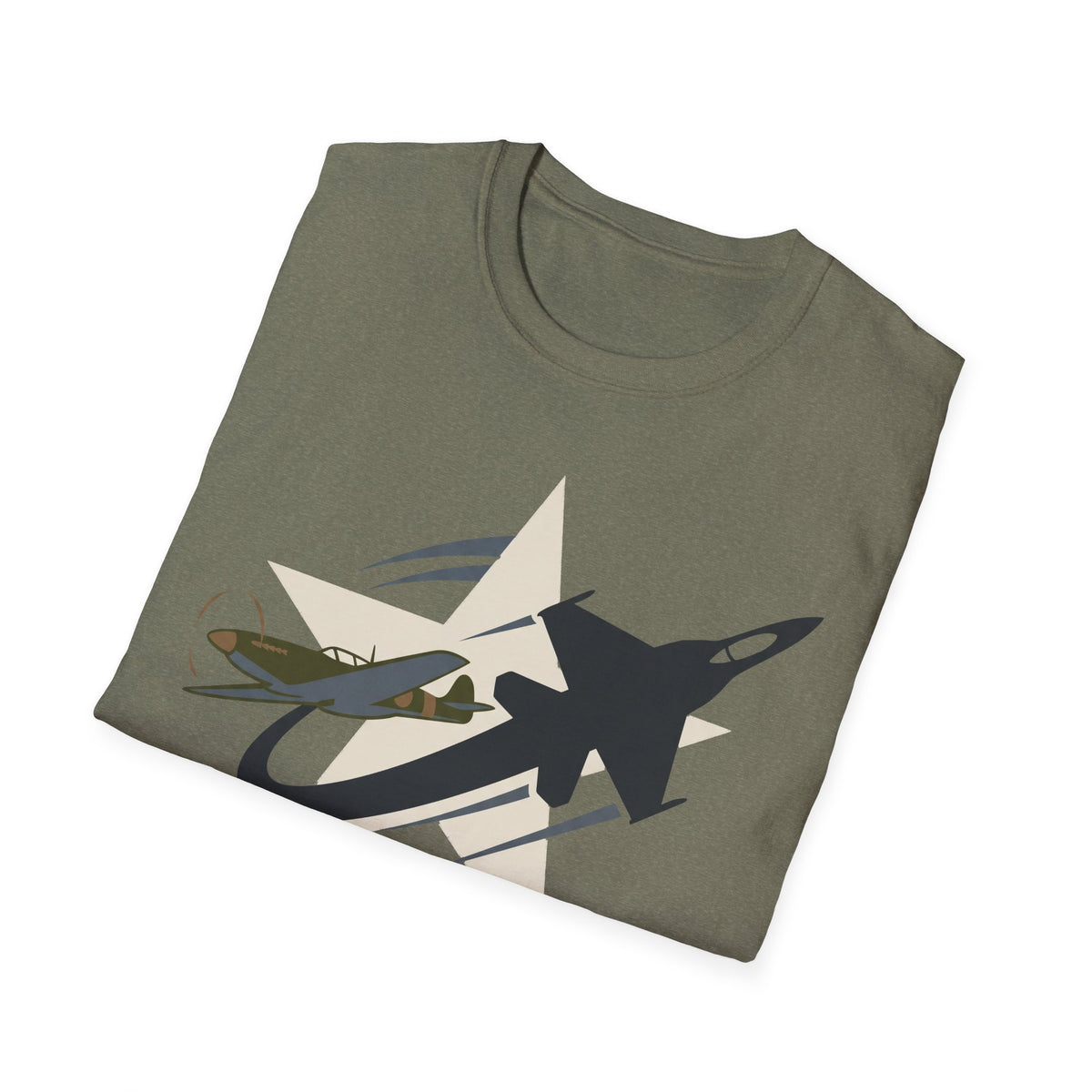 Military green crew-neck T-shirt with military airplane graphic on chest.