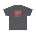 Charcoal gray T-shirt with small square raccoon graphic text “Up to No Good, As Usual”