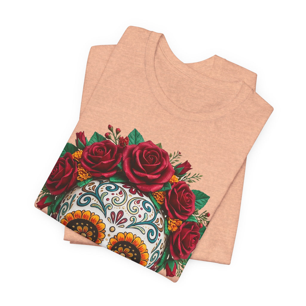 Day of the Dead T-shirt, heather peach; sugar skull with red rose crown on front