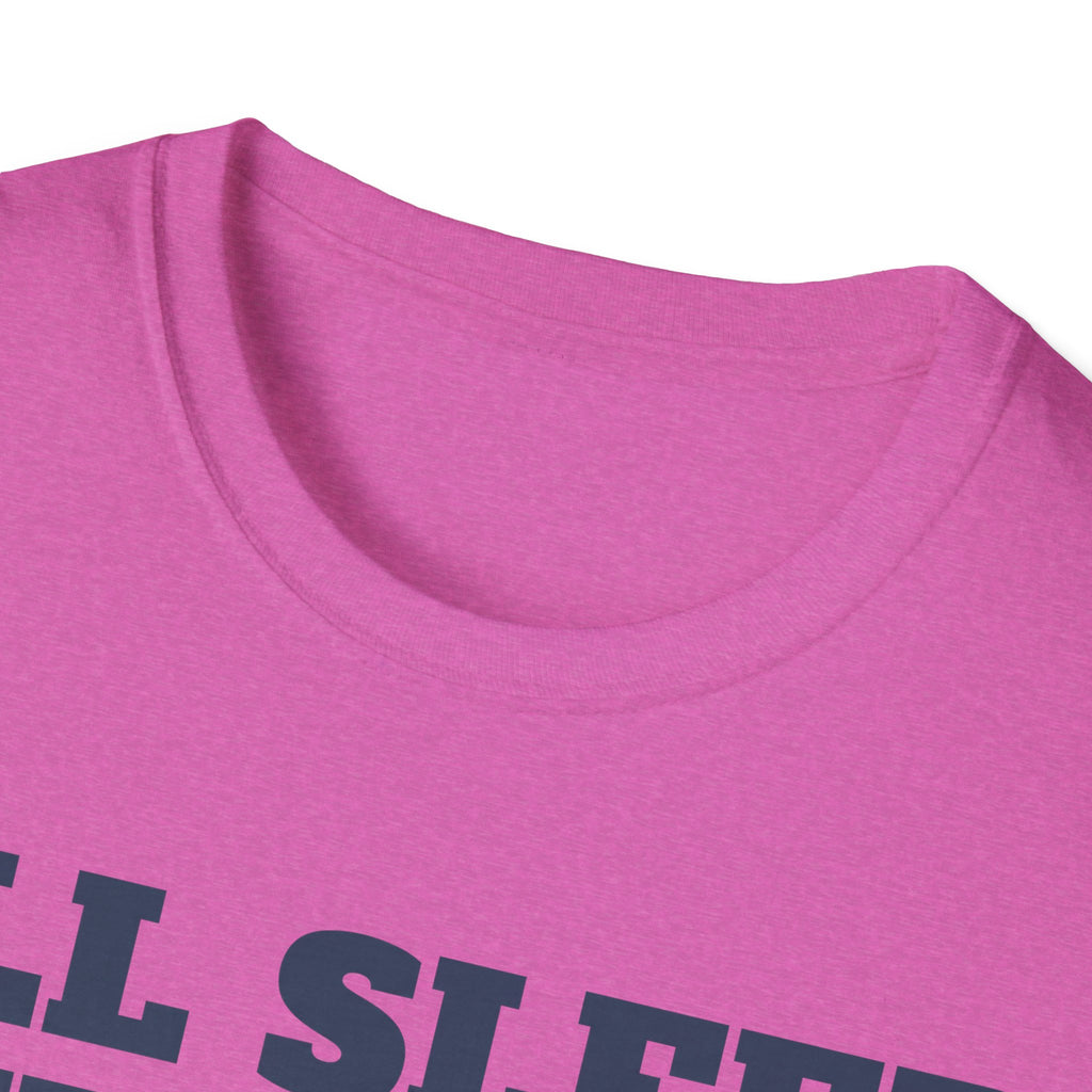 Pink crew-neck T-shirt collar with partial graphic print