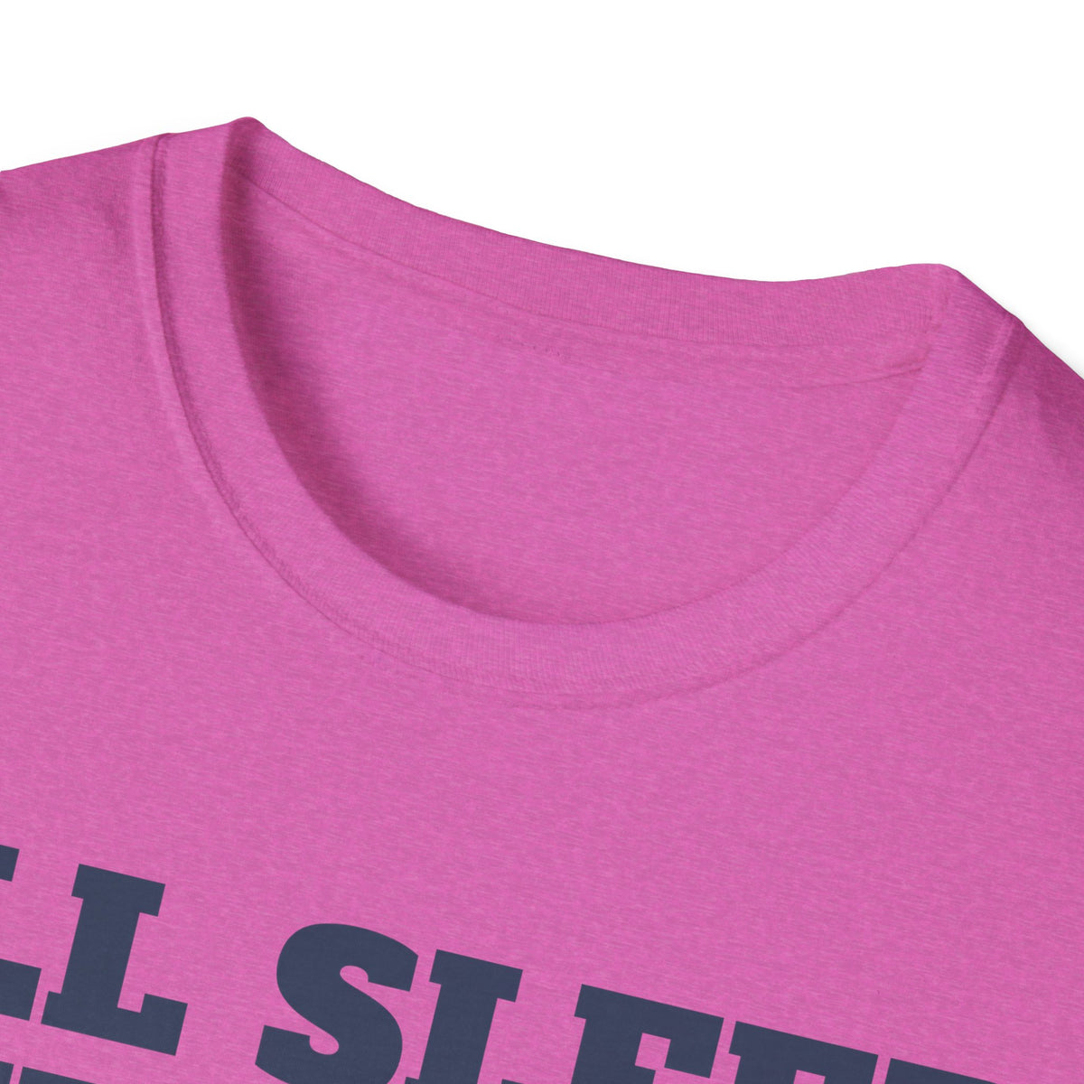 Pink crew-neck T-shirt collar with partial graphic print
