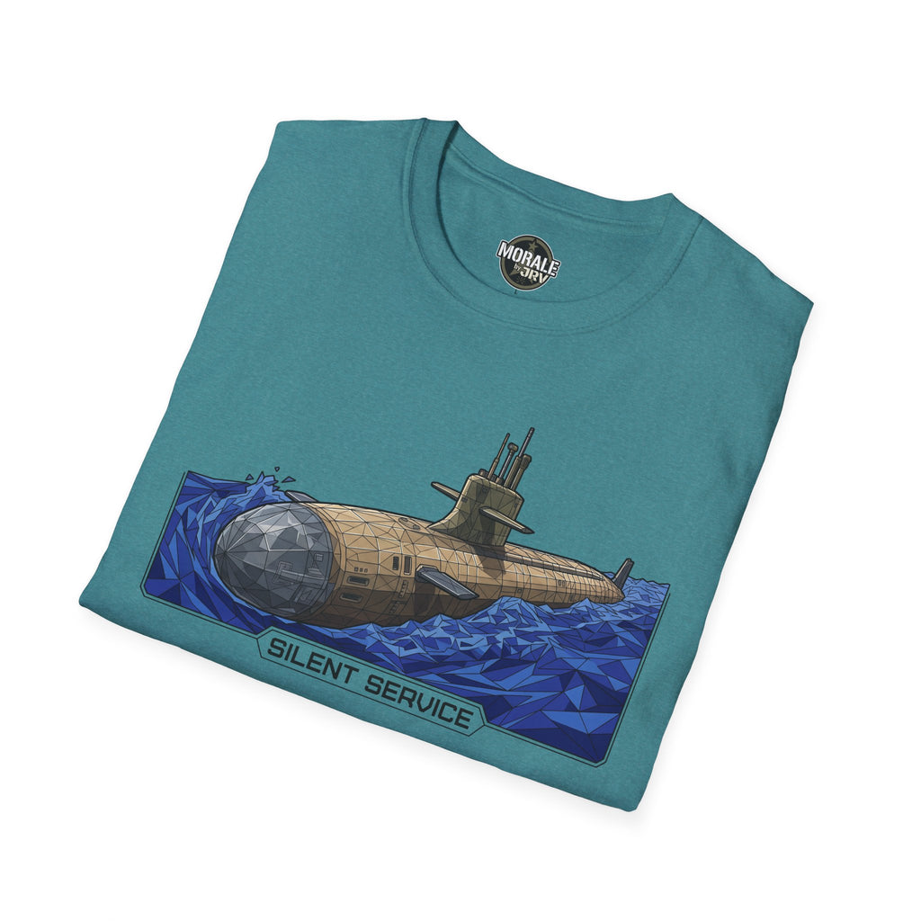 Teal crew-neck T-shirt with Silent Service submarine graphic