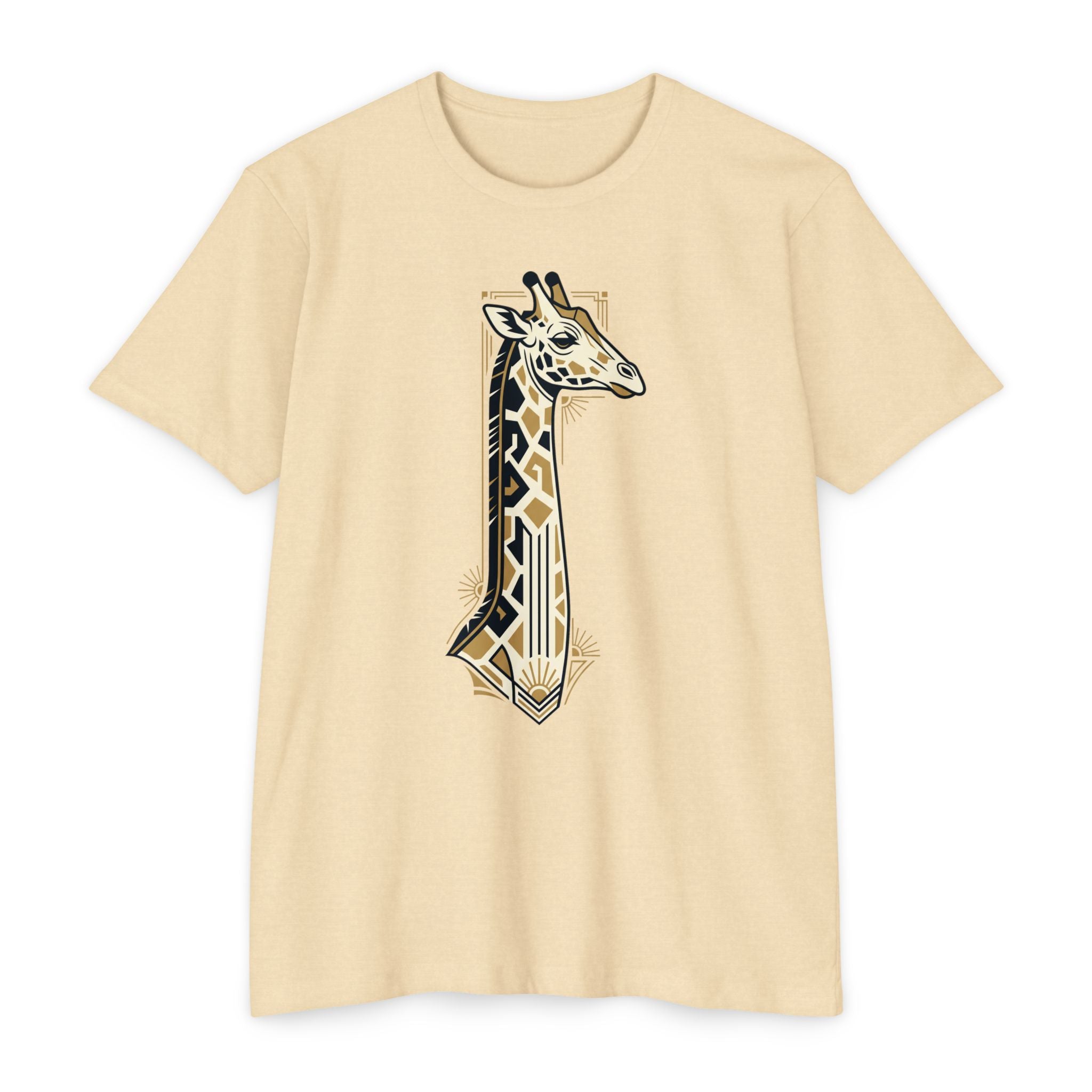 Cream giraffe graphic t-shirt with Art Deco geometric design, front