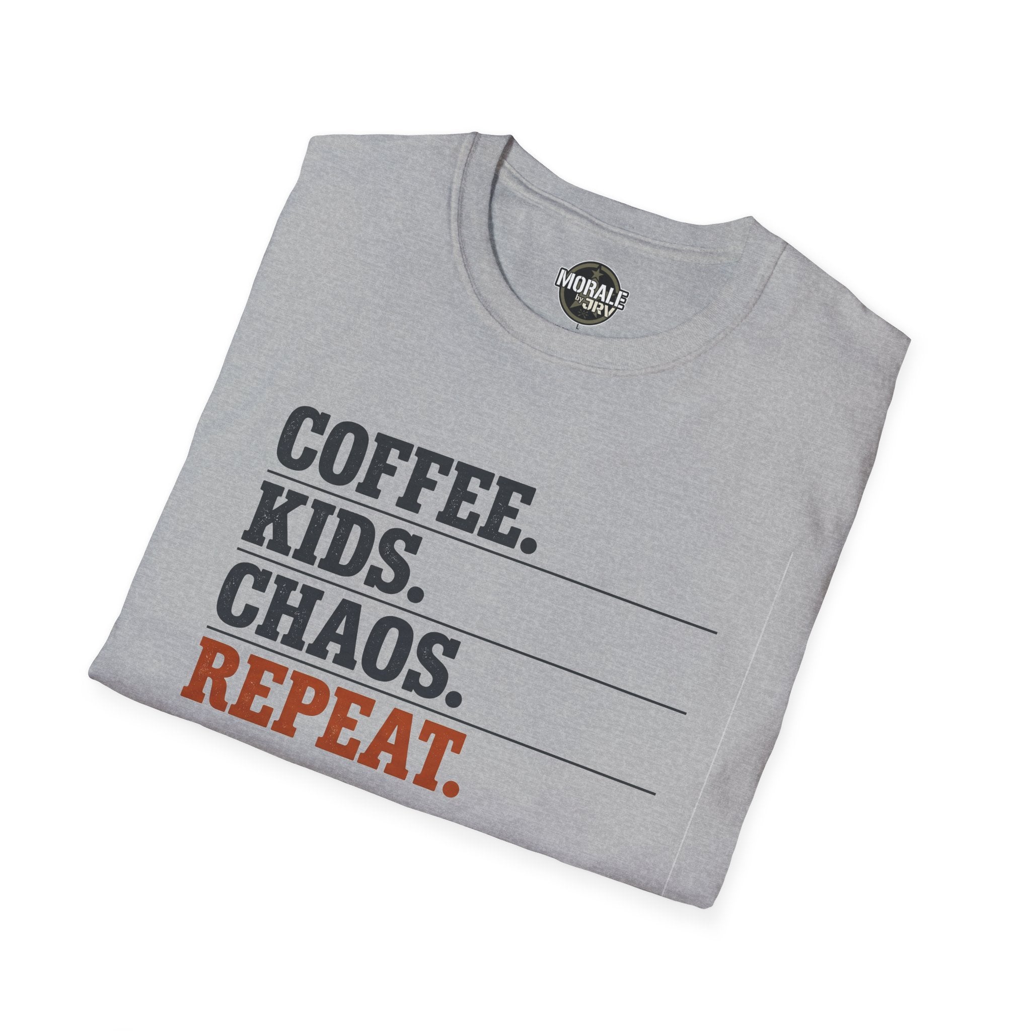 Kids Chaos repeat T-shirt, Sport Grey, “COFFEE. KIDS. CHAOS. REPEAT.” front graphic