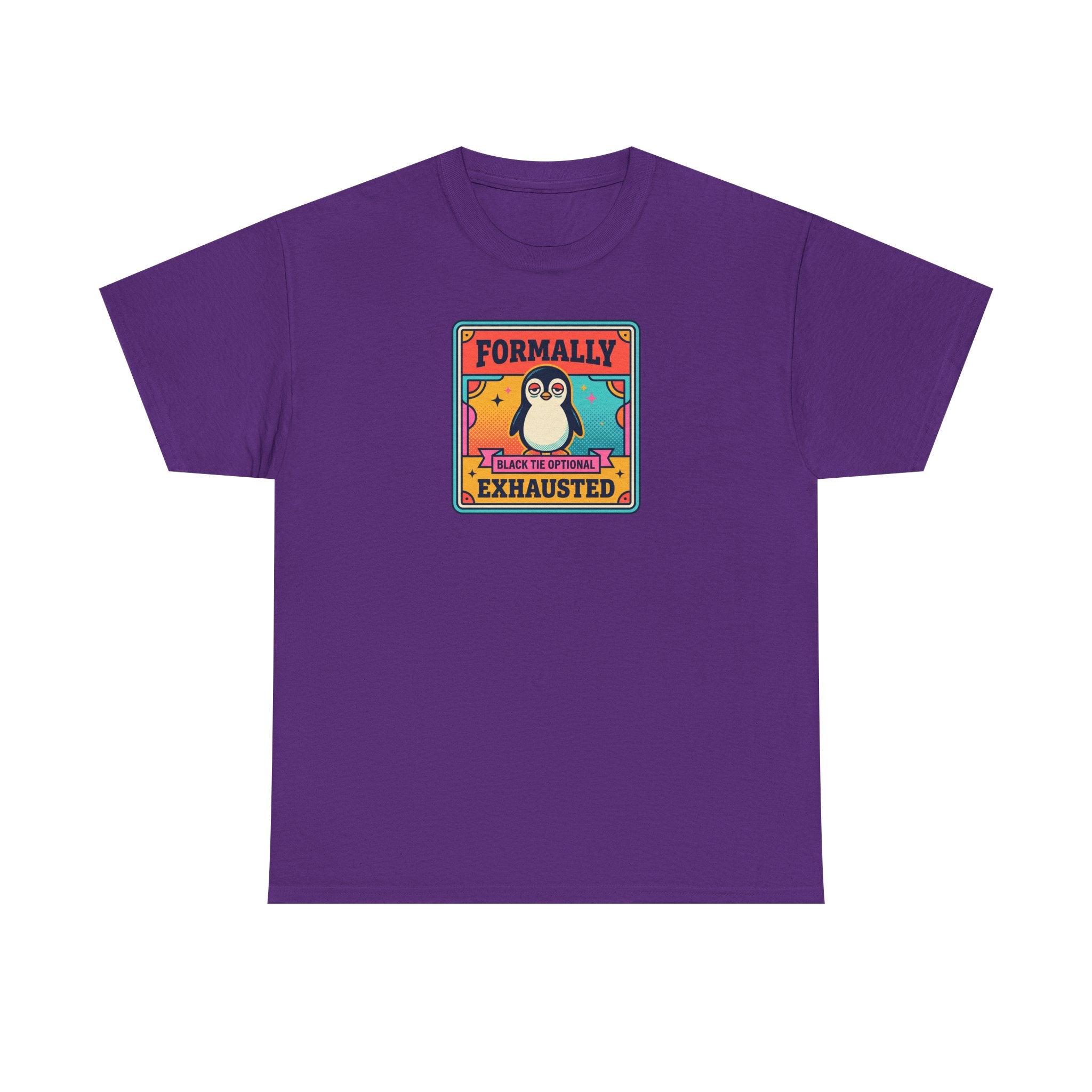Purple T-shirt with chest graphic reading “Formally Exhausted” and tired penguin.