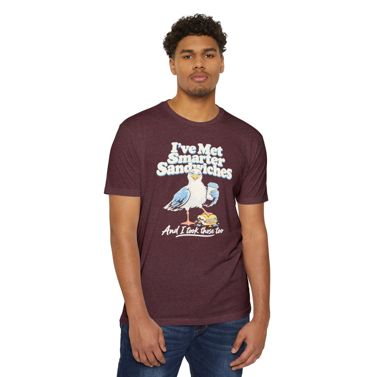 Burgundy graphic T-shirt with seagull and slogan print on chest