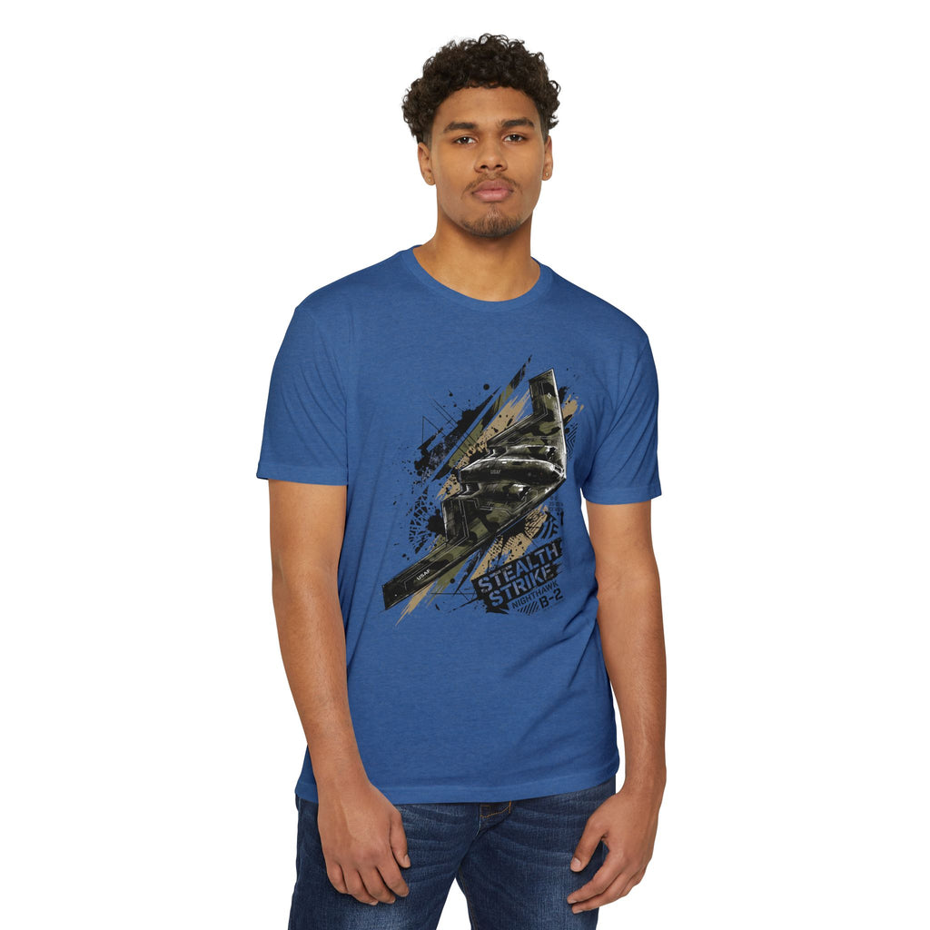 Light blue crew-neck T-shirt with B-2 bomber graphic on chest.