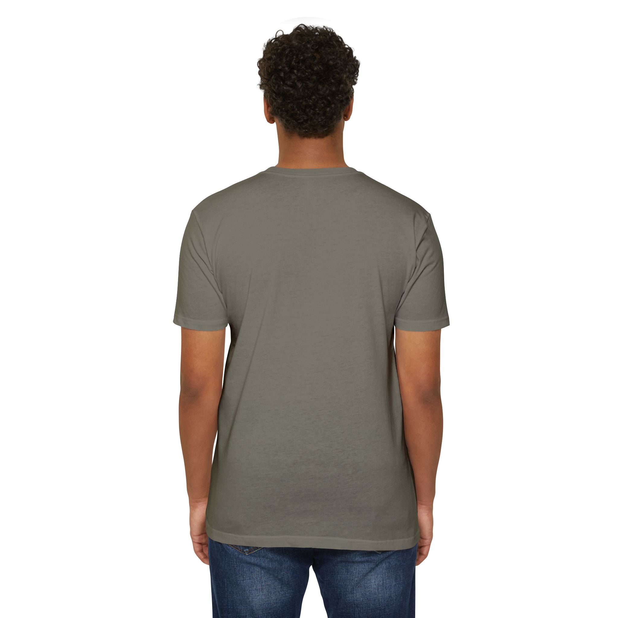 Olive gray crewneck T-shirt, short sleeves, plain back view.