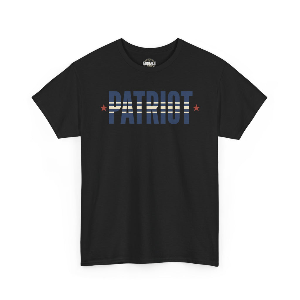 Black T-shirt with crew neck and short sleeves, front “PATRIOT” graphic.