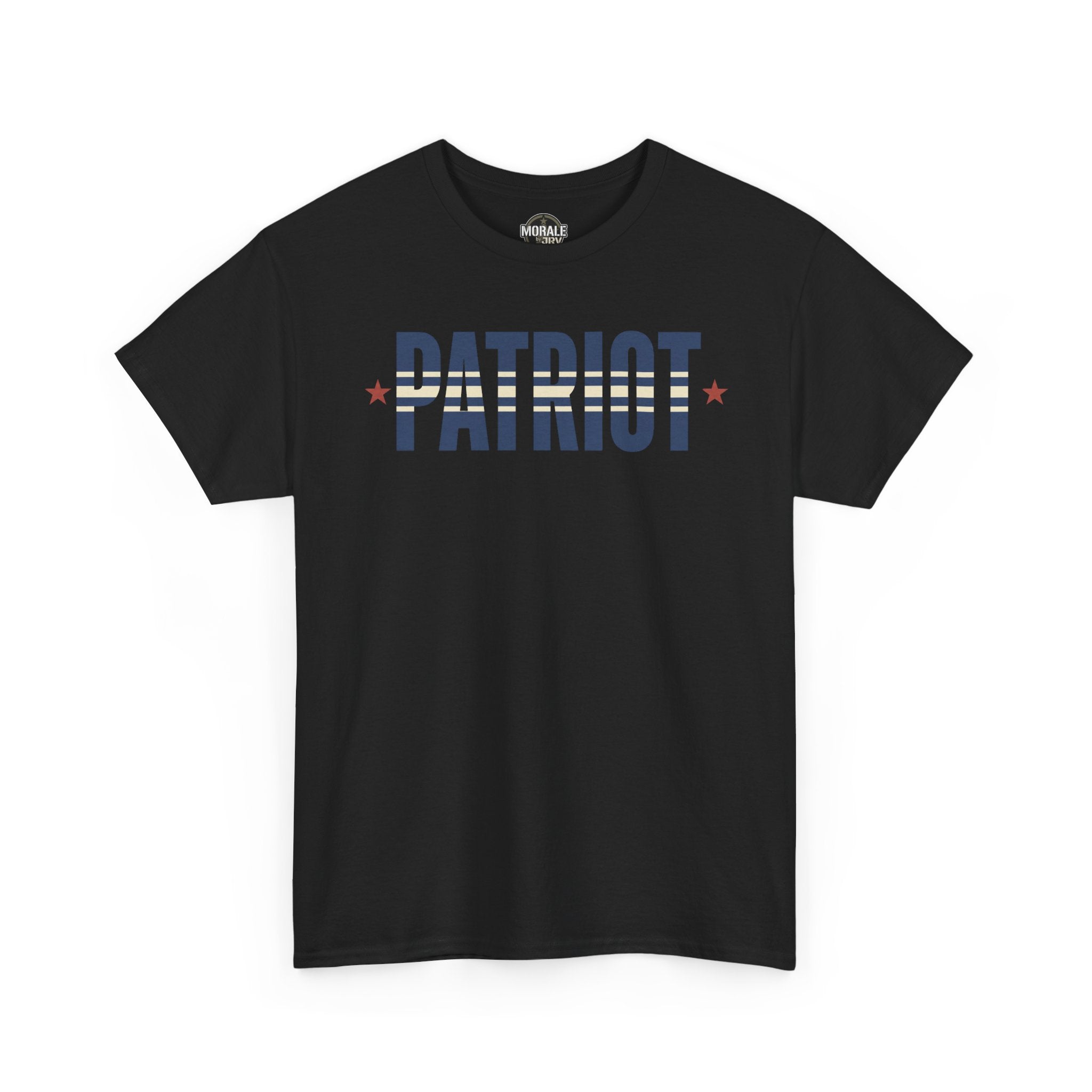 Black T-shirt with crew neck and short sleeves, front “PATRIOT” graphic.