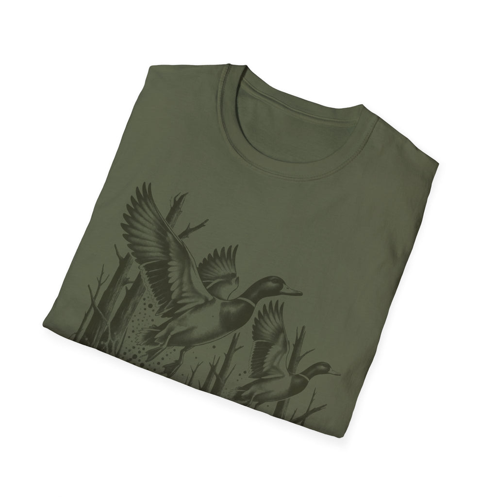 Military green duck hunting T-shirt with black flying duck graphic across the chest