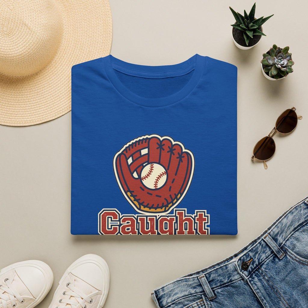 Royal blue baseball T-shirt with vintage glove graphic and 'Caught' lettering
