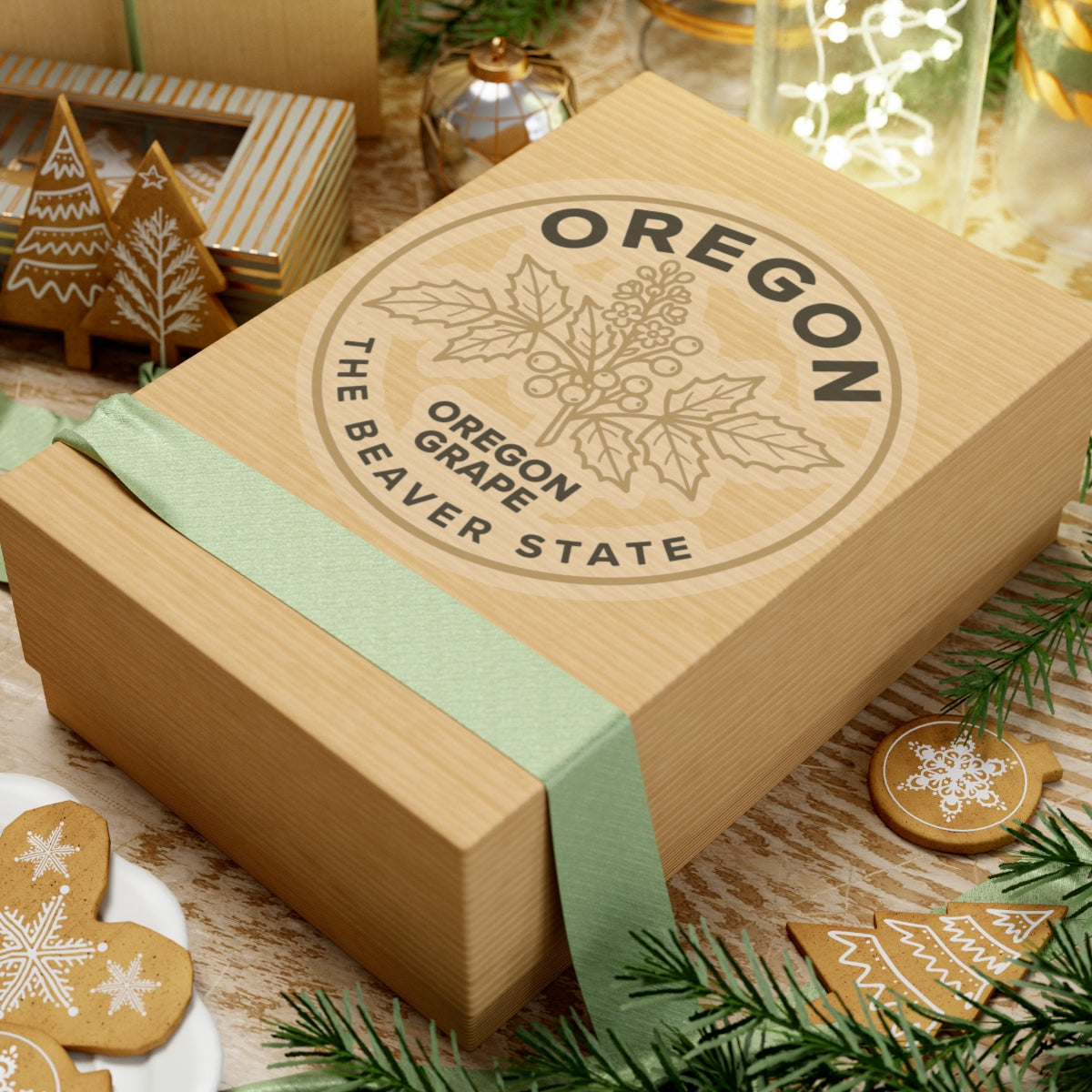 Circular transparent sticker with Oregon text and Oregon grape leaves on wooden box