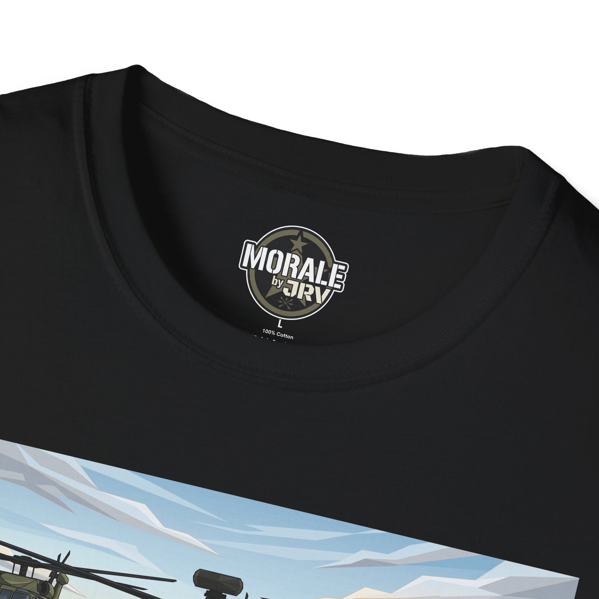 Black T-shirt neckline with small round logo patch