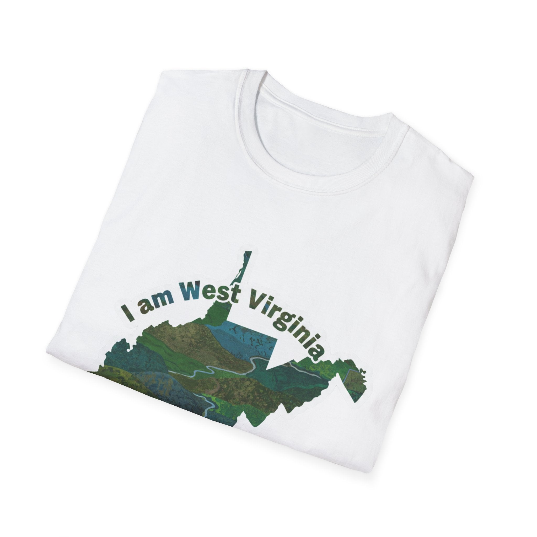 White T-shirt with West Virginia map graphic and 'I am West Virgi' text