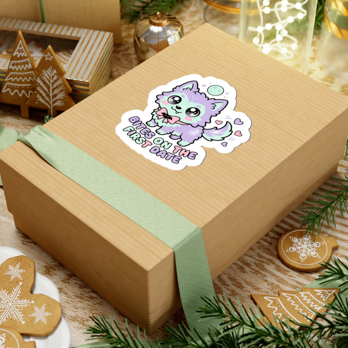 Kawaii wolf kiss-cut sticker with mint fur, bow, hearts, and "BITES ON THE FIRST DATE"
