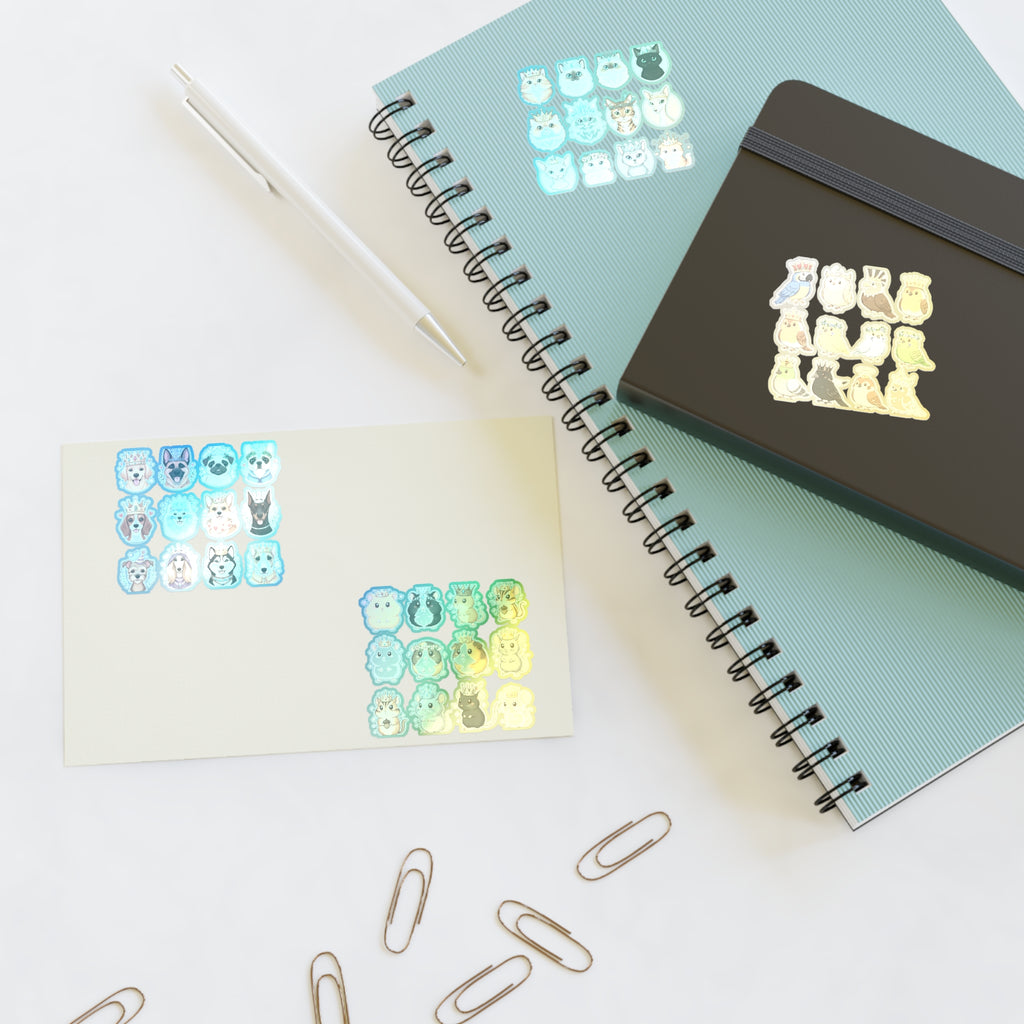 Royal Pets die-cut sticker sheet with blue and yellow pet characters
