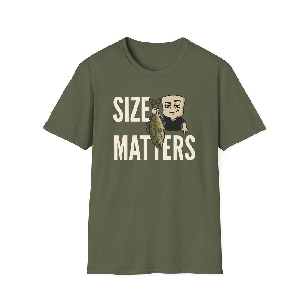 Olive green T-shirt with “SIZE MATTERS” graphic of a man holding a fish