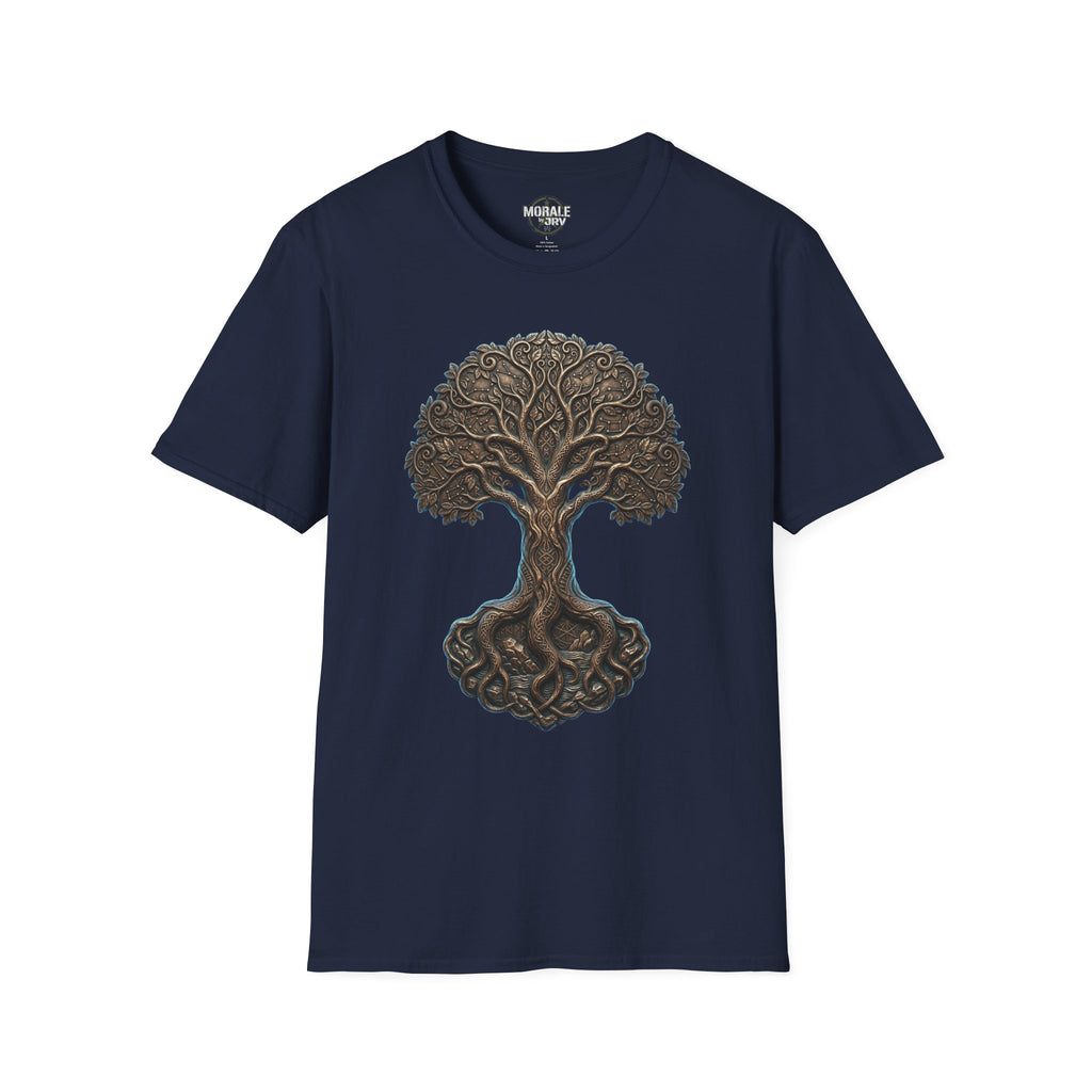 Navy T-shirt with Celtic Tree of Life knotwork oak front design